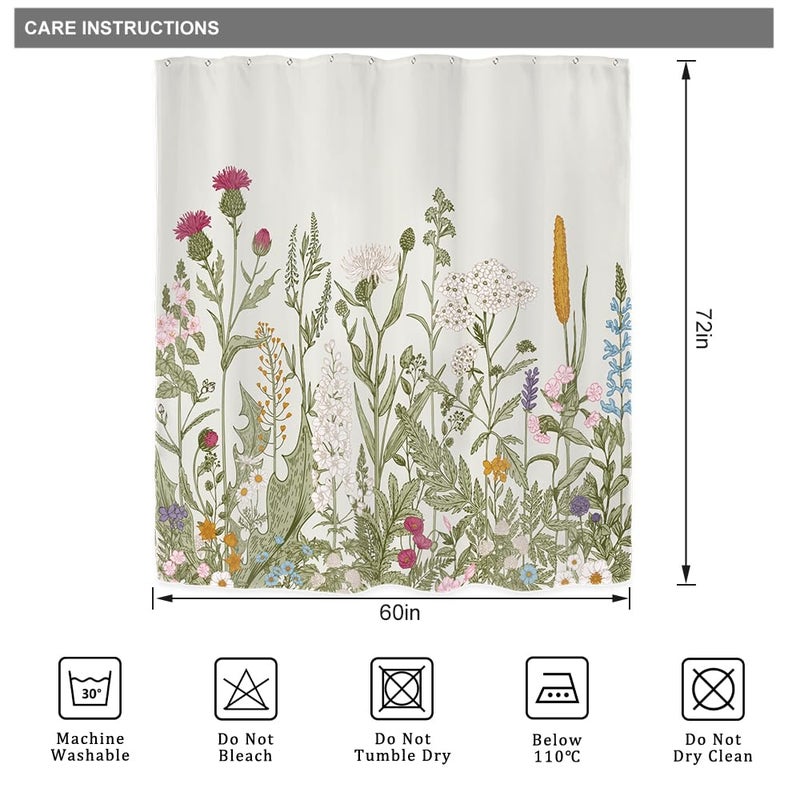 Riyidecor Fabric Green Leaves Shower Curtain for Bathroom Decor 60Wx72H Inch Floral Flower Botanical Wildflower Decorative Bath Set Plant Herbs Bathroom Accessories Polyester Waterproof 12 Pack Hooks - Image 4